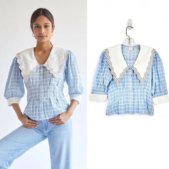 Anthropologie Plenty Tracy Reese Embroidered Collar Blouse XS Cottage French - Picture 1 of 13